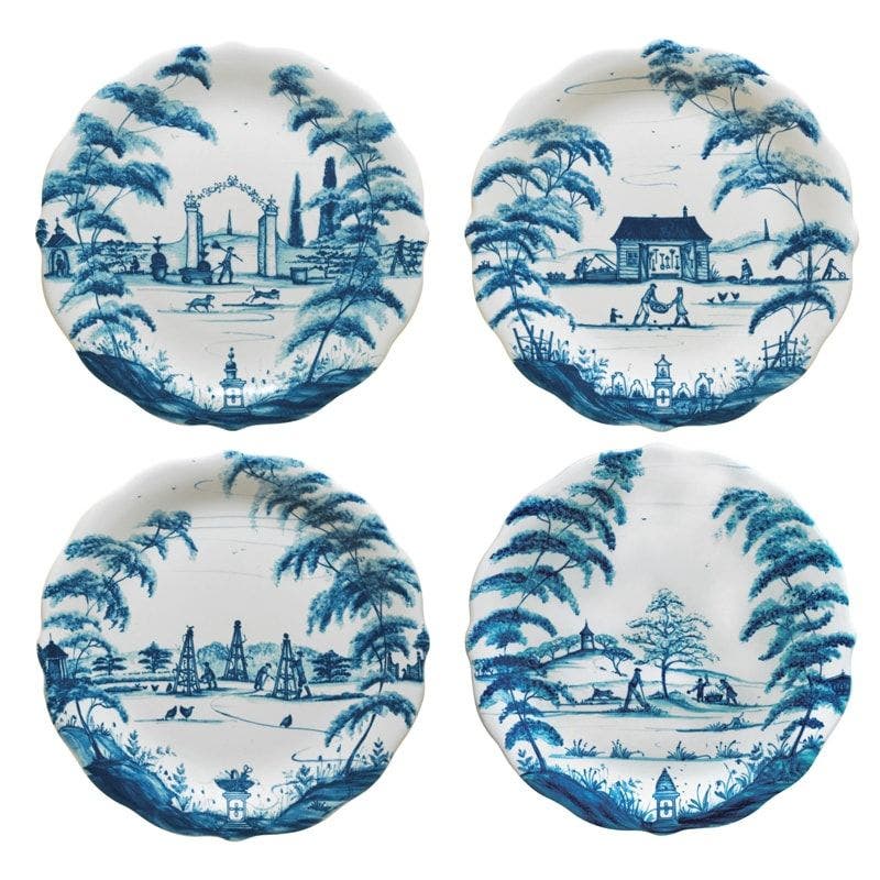 Country Estate Delft Blue Party Plates Set/4 Spring Gardening Scenes